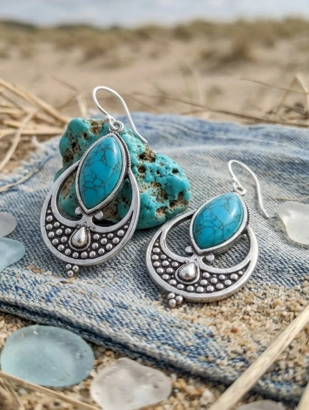 Turquoise Chandelier Earrings 925 Sterling Silver Boho Western Santa Fe 2.2